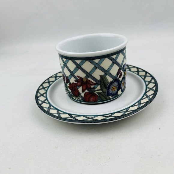 Dansk Nordic Garden Flat Cup & Saucer Set Lot of 2 Round Floral Lattice & Ribbon - Picture 6 of 10